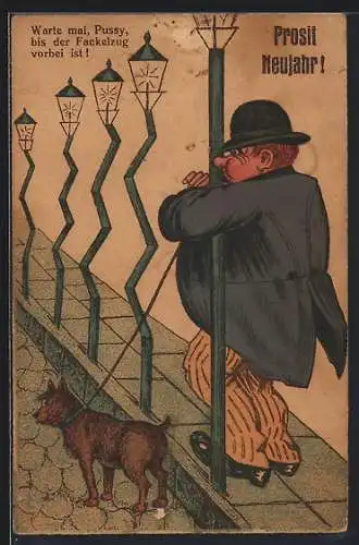 Lithographie Betrunkener mit Hund kämpt mit Laternenpfählen, Neujahrsgruss