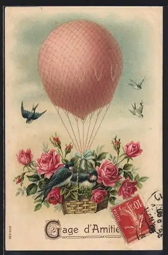 Präge-Lithographie Gage d`Amitie, Ballon mit Rosenkorb und Schwalben