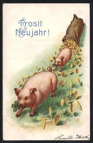 Lithographie Schweine zwischen Geldmünzen aus umgekipptem Sack, Neujahrsgruss