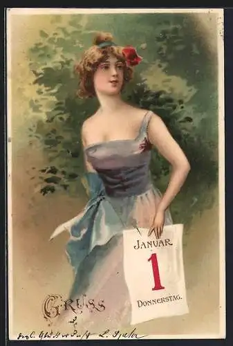 Lithographie Junge Dame mit Kalenderblatt von Donnerstag, 1. Januar