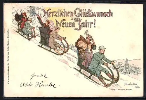 Künstler-Lithographie sign. Otto Andres: Liebespaare fahren Schlitten, Neujahr