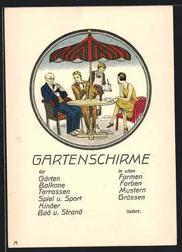 Künstler-AK Nürnberg, Reklame für Gartenschirme der Firma K. Freund & Co.