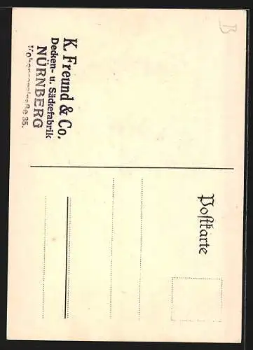 Künstler-AK Nürnberg, Reklame für Gartenschirme der Firma K. Freund & Co.