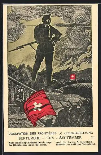 Künstler-AK schweizerische Grenzbesetzung 1914, schweizer Soldaten marschieren zur Grenze