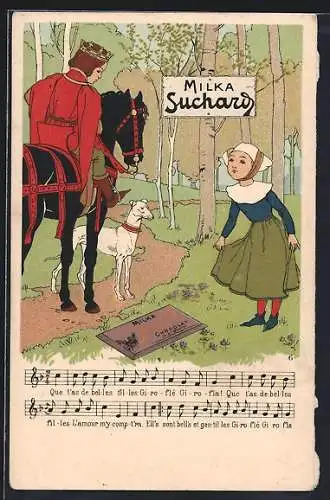 Künstler-AK Reklame für Schokolade von Milka Suchard, Prinz und Mädchen begegnen sich im Wald