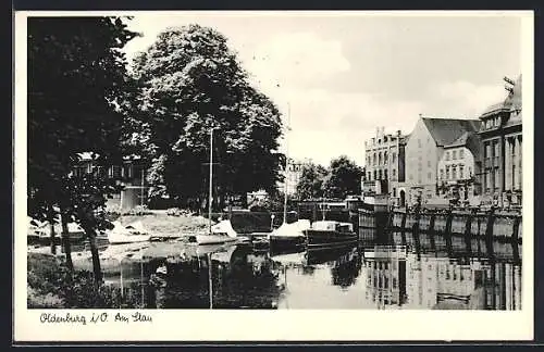 AK Oldenburg i. O., Partie am Stau mit Booten