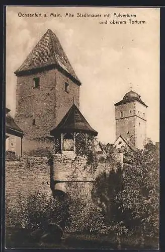AK Ochsenfurt a. Main, Alte Stadtmauer mit Pulverturm und oberem Torturm