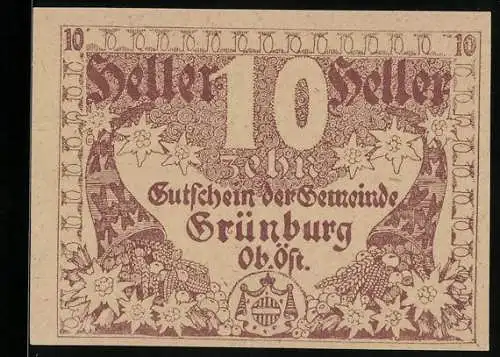 Notgeld Grünburg 1920, 10 Heller, florales Motiv und Wappen, Gutschein der Gemeinde