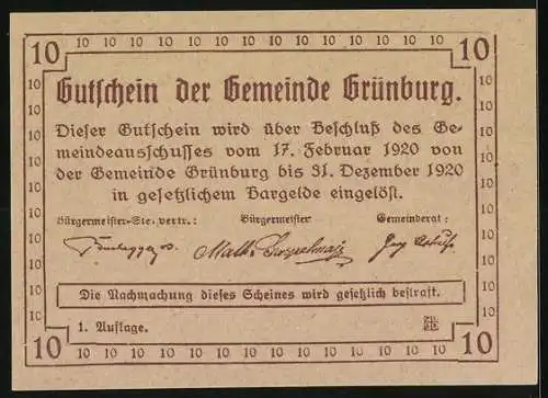 Notgeld Grünburg 1920, 10 Heller, florales Motiv und Wappen, Gutschein der Gemeinde