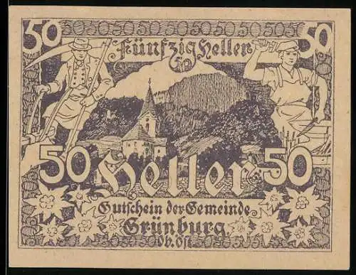 Notgeld Grünburg 1920, 50 Heller, Berglandschaft mit Arbeitern und Kirche