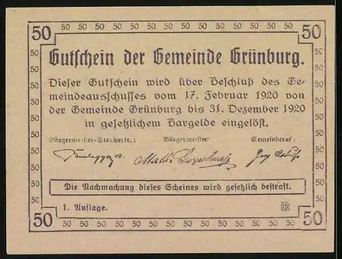 Notgeld Grünburg 1920, 50 Heller, Berglandschaft mit Arbeitern und Kirche