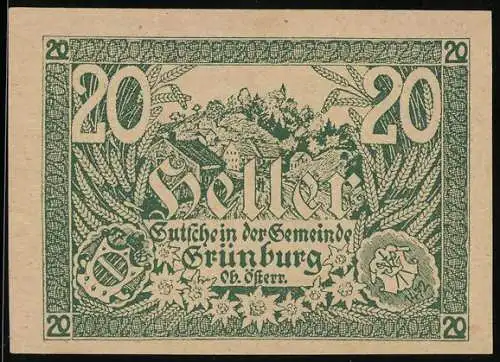 Notgeld Grünburg 1920, 20 Heller, Dorflandschaft mit Blumen und Wappen