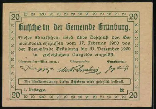 Notgeld Grünburg 1920, 20 Heller, Dorflandschaft mit Blumen und Wappen