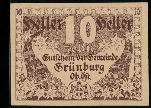 Notgeld Grünburg 1920, 10 Heller, florales Muster und Wappen, Gültigkeitstext mit Unterschriften