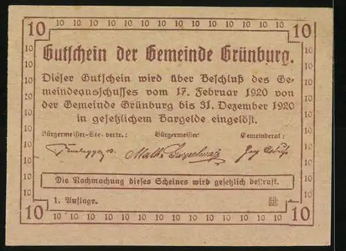 Notgeld Grünburg 1920, 10 Heller, florales Muster und Wappen, Gültigkeitstext mit Unterschriften