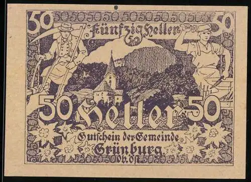 Notgeld Grünburg 1920, 50 Heller, Bergarbeiter und Berglandschaft