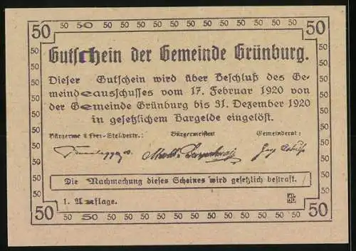 Notgeld Grünburg 1920, 50 Heller, Bergarbeiter und Berglandschaft