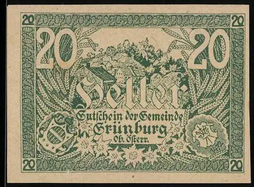 Notgeld Grünburg 1920, 20 Heller, Stadtansicht mit Wappen und floralem Muster