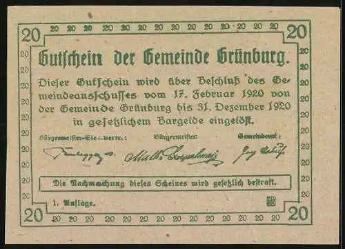 Notgeld Grünburg 1920, 20 Heller, Stadtansicht mit Wappen und floralem Muster