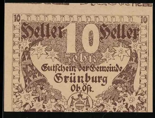 Notgeld Grünburg 1920, 10 Heller, florales Motiv mit Blumen und Wappen der Gemeinde