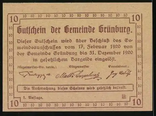 Notgeld Grünburg 1920, 10 Heller, florales Motiv mit Blumen und Wappen der Gemeinde