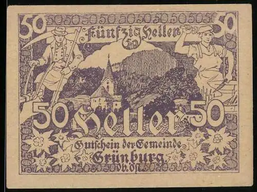 Notgeld Grünburg 1920, 50 Heller, Bergarbeiter und Dorfansicht mit Kirche