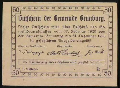 Notgeld Grünburg 1920, 50 Heller, Bergarbeiter und Dorfansicht mit Kirche