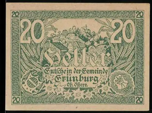 Notgeld Grünburg 1920, 20 Heller, Landschaftsmotiv mit Wappen und Signaturen