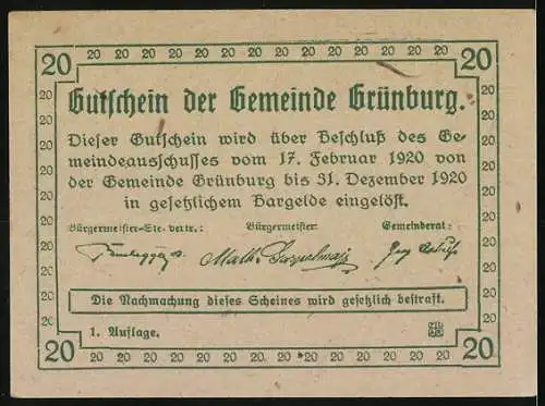 Notgeld Grünburg 1920, 20 Heller, Landschaftsmotiv mit Wappen und Signaturen