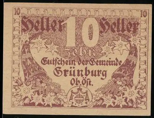 Notgeld Grünburg 1920, 10 Heller, florale Motive und Wappen, Ausgabebeschluss vom 17. Februar 1920