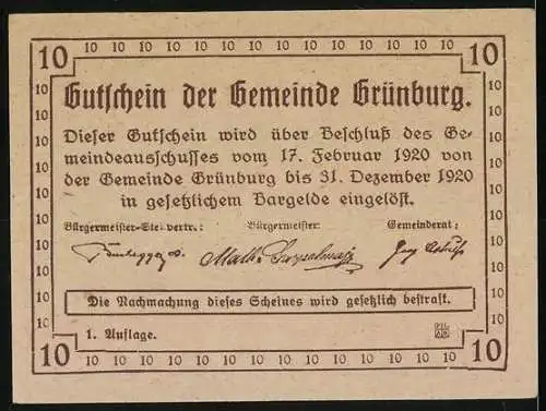 Notgeld Grünburg 1920, 10 Heller, florale Motive und Wappen, Ausgabebeschluss vom 17. Februar 1920