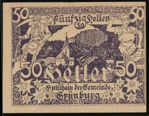 Notgeld Grünburg 1920, 50 Heller, Bergbauern und Landschaftsmotiv