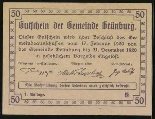 Notgeld Grünburg 1920, 50 Heller, Bergbauern und Landschaftsmotiv