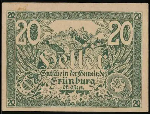 Notgeld Grünburg 1920, 20 Heller, Landschaftsmotiv und Stadtwappen