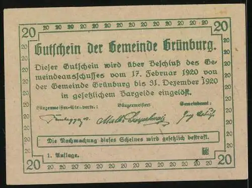 Notgeld Grünburg 1920, 20 Heller, Landschaftsmotiv und Stadtwappen