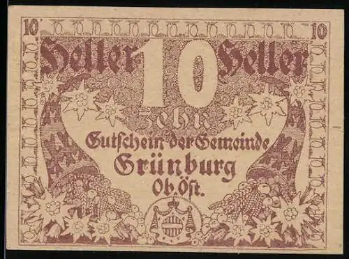 Notgeld Grünburg 1920, 10 Heller, Füllhörner und Blumen, Wappen der Gemeinde