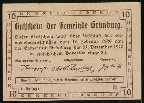 Notgeld Grünburg 1920, 10 Heller, Füllhörner und Blumen, Wappen der Gemeinde