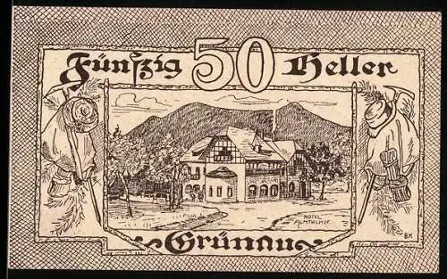 Notgeld Grünau 1920, 50 Heller, Hotel Ausblick und Trachtenmotiven