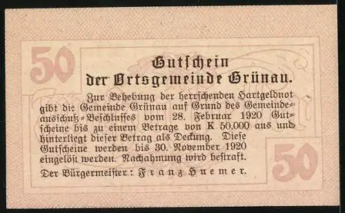 Notgeld Grünau 1920, 50 Heller, Hotel Ausblick und Trachtenmotiven