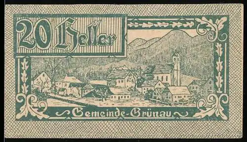 Notgeld Grünau 1920, 20 Heller, Dorfansicht mit Bergen im Hintergrund