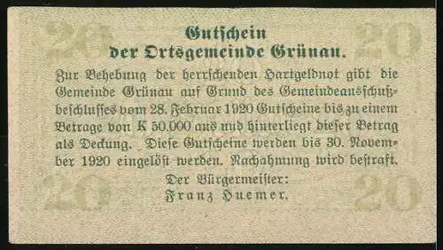 Notgeld Grünau 1920, 20 Heller, Dorfansicht mit Bergen im Hintergrund