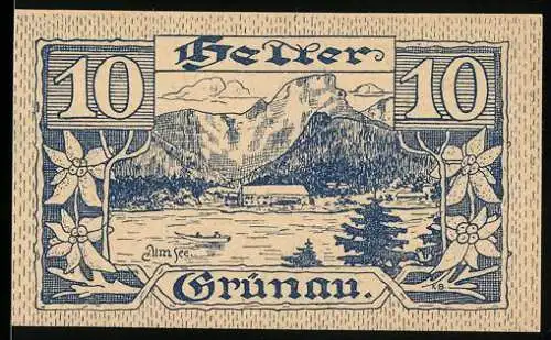 Notgeld Grünau 1920, 10 Heller, Almsee mit Gebirge und Edelweiss dekoriert