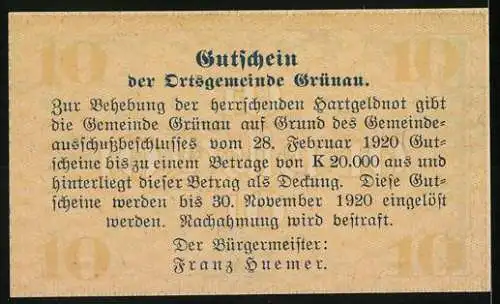 Notgeld Grünau 1920, 10 Heller, Almsee mit Gebirge und Edelweiss dekoriert