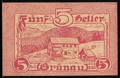 Notgeld Grünau 1920, 5 Heller, ländliche Landschaft mit Gebäuden, Text über Ausgabe und Einlösung