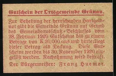 Notgeld Grünau 1920, 5 Heller, ländliche Landschaft mit Gebäuden, Text über Ausgabe und Einlösung