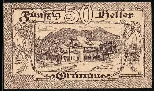 Notgeld Grünau 1920, 50 Heller, Hotel Almtalhof und Berglandschaft