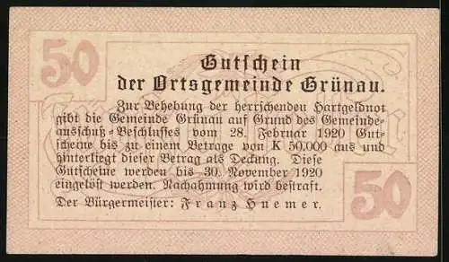 Notgeld Grünau 1920, 50 Heller, Hotel Almtalhof und Berglandschaft