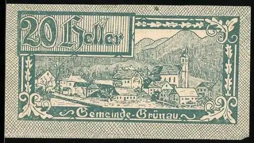 Notgeld Grünau 1920, 20 Heller, Dorfansicht mit Kirche und Bergen im Hintergrund