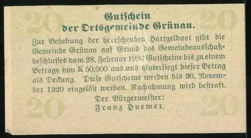 Notgeld Grünau 1920, 20 Heller, Dorfansicht mit Kirche und Bergen im Hintergrund