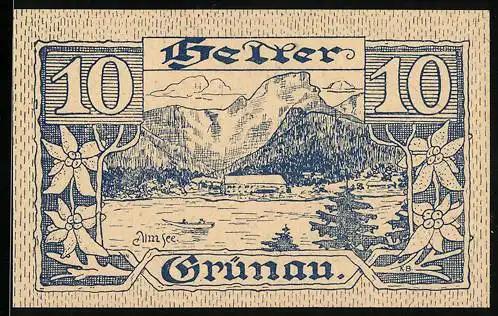 Notgeld Grünau 1920, 10 Heller, Berglandschaft mit See und Edelweissblüten